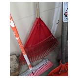 A Variety of Cleaning Tools Including Rakes, Garden Hose, Snow Shovel and More