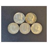 (5) Kennedy US half Dollars - 90% Silver - All are 1964