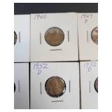 (10) US Lincoln Wheat Cents - Graded F to AU