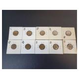 (10) US Lincoln Wheat Cents - Graded F to AU