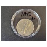 1944-D Walking Liberty US Half Dollar - 90% Silver - Graded XF