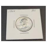 1964 Washington US Quarter Dollar - 90% Silver - Graded BU