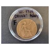 1919 UK One Penney - Solid Bronze - Graded F - RARE!