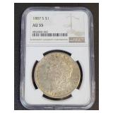 1887-S Silver Morgan Dollar - 90% Silver - Graded AU55 by NGC