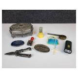Vintage Jewelry Box with Belt Buckles, Tools, Vintage Dater Stamp (Latest year is 1935), Brass Measuring Tape, and More!