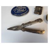 Vintage Jewelry Box with Belt Buckles, Tools, Vintage Dater Stamp (Latest year is 1935), Brass Measuring Tape, and More!