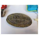 Vintage Jewelry Box with Belt Buckles, Tools, Vintage Dater Stamp (Latest year is 1935), Brass Measuring Tape, and More!