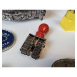Vintage Jewelry Box with Belt Buckles, Tools, Vintage Dater Stamp (Latest year is 1935), Brass Measuring Tape, and More!