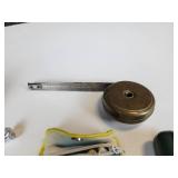Vintage Jewelry Box with Belt Buckles, Tools, Vintage Dater Stamp (Latest year is 1935), Brass Measuring Tape, and More!