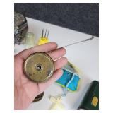 Vintage Jewelry Box with Belt Buckles, Tools, Vintage Dater Stamp (Latest year is 1935), Brass Measuring Tape, and More!