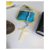 Vintage Jewelry Box with Belt Buckles, Tools, Vintage Dater Stamp (Latest year is 1935), Brass Measuring Tape, and More!