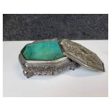 Vintage Jewelry Box with Belt Buckles, Tools, Vintage Dater Stamp (Latest year is 1935), Brass Measuring Tape, and More!