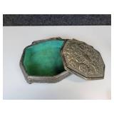 Vintage Jewelry Box with Belt Buckles, Tools, Vintage Dater Stamp (Latest year is 1935), Brass Measuring Tape, and More!
