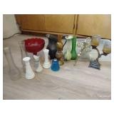 Vases, Metal Pitcher, Mid-Century Candle Holder, And Tiny Hurricane Lamp