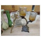 Vases, Metal Pitcher, Mid-Century Candle Holder, And Tiny Hurricane Lamp