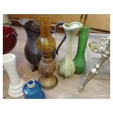 Vases, Metal Pitcher, Mid-Century Candle Holder, And Tiny Hurricane Lamp