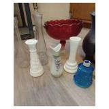Vases, Metal Pitcher, Mid-Century Candle Holder, And Tiny Hurricane Lamp
