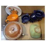 Pottery Lot With Frankoma Bowl, Custard Cups, Bowls, Plates, And Soup Mugs