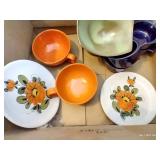 Pottery Lot With Frankoma Bowl, Custard Cups, Bowls, Plates, And Soup Mugs