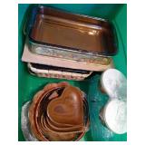 Large Tote Of Glass Casserole/Serving Dishes With Metal And Wicker Servers, Etc.
