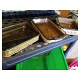 Large Tote Of Glass Casserole/Serving Dishes With Metal And Wicker Servers, Etc.