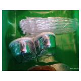 Large Tote Of Glass Casserole/Serving Dishes With Metal And Wicker Servers, Etc.