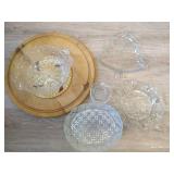Wooden Lazy Susan, (4) Large Glass Trays, And Glass Apple Bowl