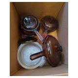 Box With Vintage Glass Pots, Pans, Casserole Dish With Lid, And Corning Vision