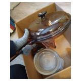 Box With Vintage Glass Pots, Pans, Casserole Dish With Lid, And Corning Vision