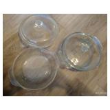 Box With Vintage Glass Pots, Pans, Casserole Dish With Lid, And Corning Vision