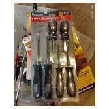 Tote Of Tools, Carving Disc For Angle Grinder, Caulking Tools, And Misc.