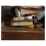 Tote Of Tools, Carving Disc For Angle Grinder, Caulking Tools, And Misc.