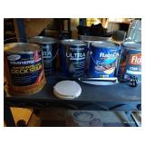 Shelf Of Deck Stains, Exterior Paints, And Power Mixer Attachment