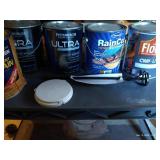 Shelf Of Deck Stains, Exterior Paints, And Power Mixer Attachment