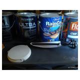 Shelf Of Deck Stains, Exterior Paints, And Power Mixer Attachment