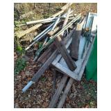 Scrap Lot Of Metal Fence Posts, Pipes, Wood Posts, And Railroad Ties