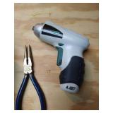 Small Battery Operated Drill, Bit Set, & Needle Nose Pliers