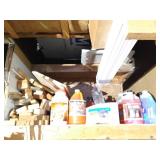Top Shelf Full Of Scrap Wood, Chicago Electric Vibratory Bowl, Walnut Shells, Windshield Fluid, And Other Misc.