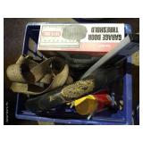 Crate With Digital Angle Finder, New Garage Door Threshold, Spray Foam, Tie Down Strap, And Other Misc.