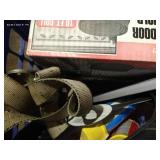 Crate With Digital Angle Finder, New Garage Door Threshold, Spray Foam, Tie Down Strap, And Other Misc.