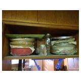 Shelf Full Of Bowls (See Markings), Pyrex Piece, Platters, And Pie Tins