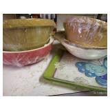 Shelf Full Of Bowls (See Markings), Pyrex Piece, Platters, And Pie Tins