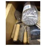 Box of Sanding Pads/Straps, Trowels, Screws, Etc