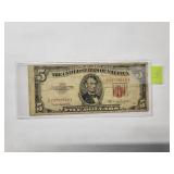 $5 Red Seal US Note 1953   Very Good