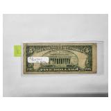 $5 Red Seal US Note 1953   Very Good