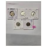 1967 Roosevelt Dime Very Fine, 1957 Roosevelt Dime Very Fine, 1946 Roosevelt Dime Very Fine, 1964 Roosevelt Dime Almost Uncirculated (1957, 1946, 1964 (0% Silver) and 1944 Wartime Nickel Very Fine Sil