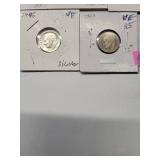 1967 Roosevelt Dime Very Fine, 1957 Roosevelt Dime Very Fine, 1946 Roosevelt Dime Very Fine, 1964 Roosevelt Dime Almost Uncirculated (1957, 1946, 1964 (0% Silver) and 1944 Wartime Nickel Very Fine Sil