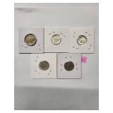 1967 Roosevelt Dime Very Fine, 1957 Roosevelt Dime Very Fine, 1946 Roosevelt Dime Very Fine, 1964 Roosevelt Dime Almost Uncirculated (1957, 1946, 1964 (0% Silver) and 1944 Wartime Nickel Very Fine Sil