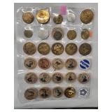20 misc. tokens/wooden nickels in sheet