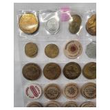 20 misc. tokens/wooden nickels in sheet